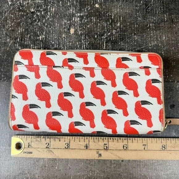 Kate Spade Toucan Parrott All Over Print Zip Around Long Wallet White Orange - Picture 7 of 8